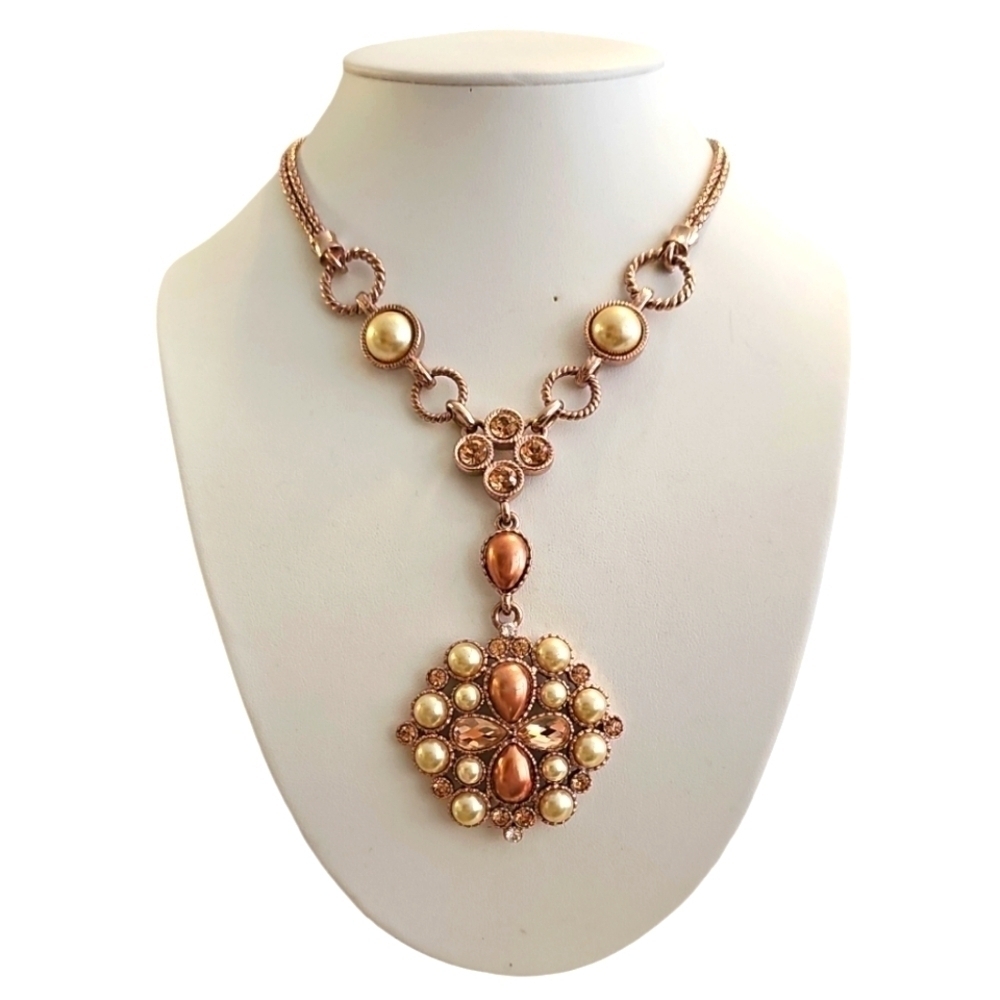 Viennais pearl and rhinestones double chain rose gold necklace